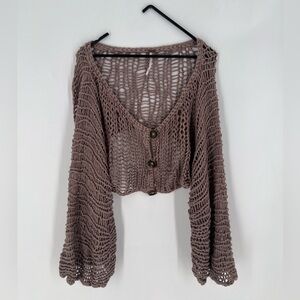 Free People Chunky Crochet Knit Sheer Boho Cropped 3 Button Cardigan Sweater